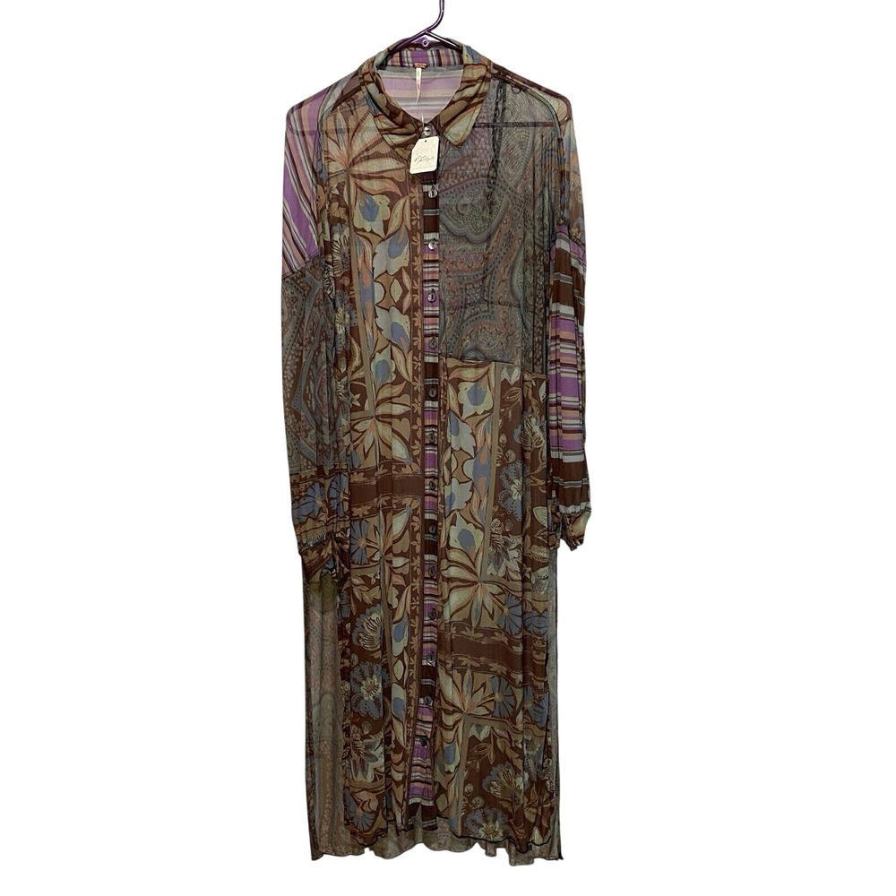 Free‎ People Naomi Buttondown Maxi Top Long Sleeve Printed SMALL Black Combo NWT